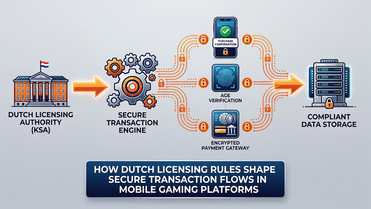Diagram van versleutelde mobiele transacties onder Nederlandse vergunningsvoorwaarden